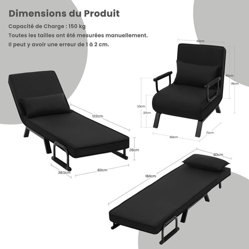 Canapé-lit Convertible 1 Place - Fauteuil Lit Réglable 5 Positions, Housse Amovible Beige, Jusqu'à 100kg - 9