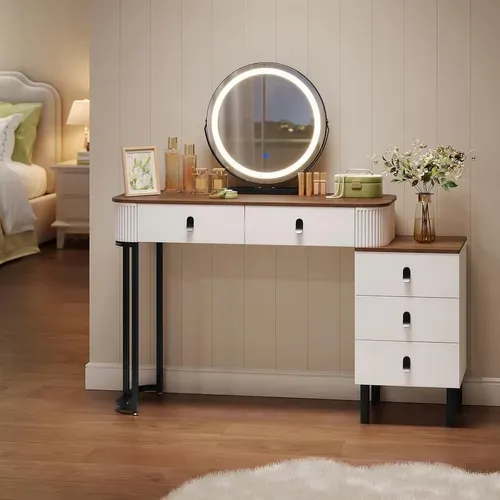 Coiffeuse Avec Miroir LED Réglable, Avec Tiroirs, 1 Commode,Miroir Pivotant,Effet Bois Marron Orangé