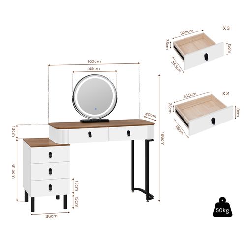 Coiffeuse Avec Miroir LED Réglable, Avec Tiroirs, 1 Commode,Miroir Pivotant,Effet Bois Marron Orangé