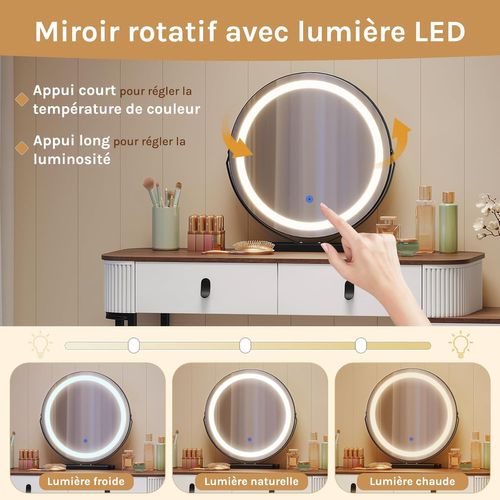 Coiffeuse Avec Miroir LED Réglable, Avec Tiroirs, 1 Commode,Miroir Pivotant,Effet Bois Marron Orangé