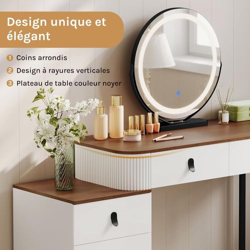 Coiffeuse Avec Miroir LED Réglable, Avec Tiroirs, 1 Commode,Miroir Pivotant,Effet Bois Marron Orangé