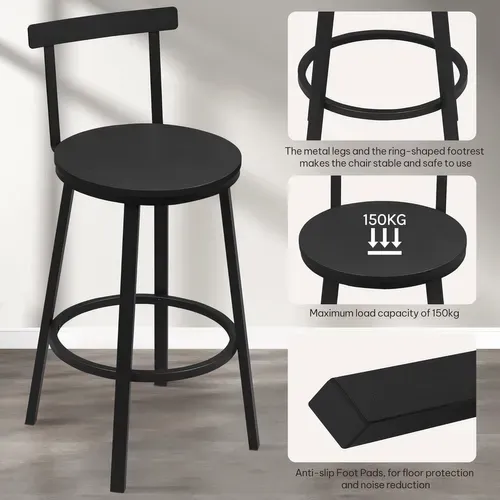 Lot De 6 Tabouret De Bar Avec Repose-pieds Et Dossier, Tabouret Haut, Siège En Mdf, Noir