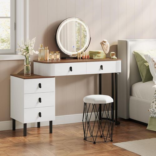 Coiffeuse Avec Miroir LED Réglable, Avec Tiroirs,1 Commode,Miroir Pivotant,Effet Bois Marron Orangé