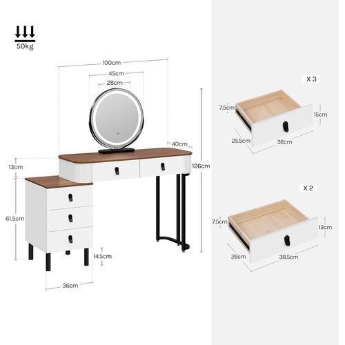 Coiffeuse Avec Miroir LED Réglable, Avec Tiroirs,1 Commode,Miroir Pivotant,Effet Bois Marron Orangé