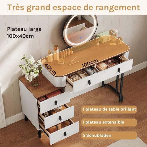 Coiffeuse Avec Miroir LED Réglable, Avec Tiroirs,1 Commode,Miroir Pivotant,Effet Bois Marron Orangé