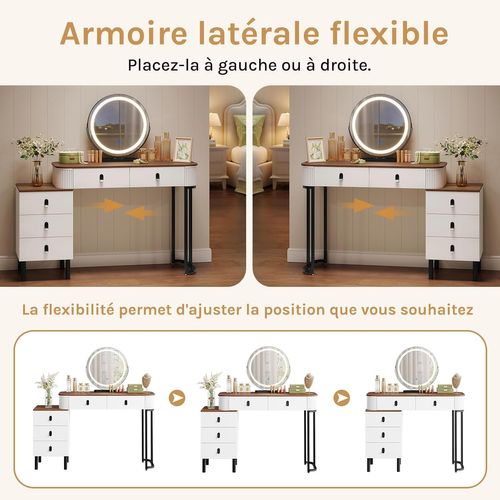 Coiffeuse Avec Miroir LED Réglable, Avec Tiroirs,1 Commode,Miroir Pivotant,Effet Bois Marron Orangé