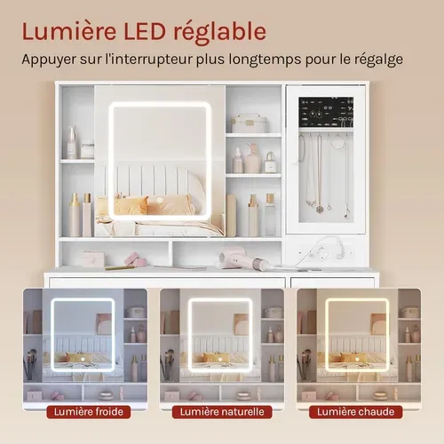 Coiffeuse Avec Miroir LED Réglable,Prise De Courant,Placard De Bijoux,Grands Tiroirs,108x40cm,Blanc