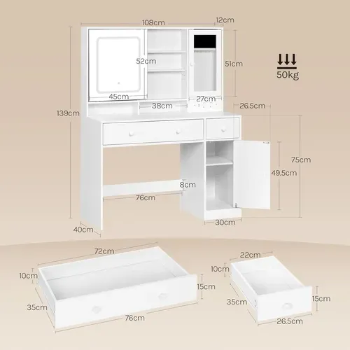 Coiffeuse Avec Miroir LED Réglable,Prise De Courant,Placard De Bijoux,Grands Tiroirs,108x40cm,Blanc