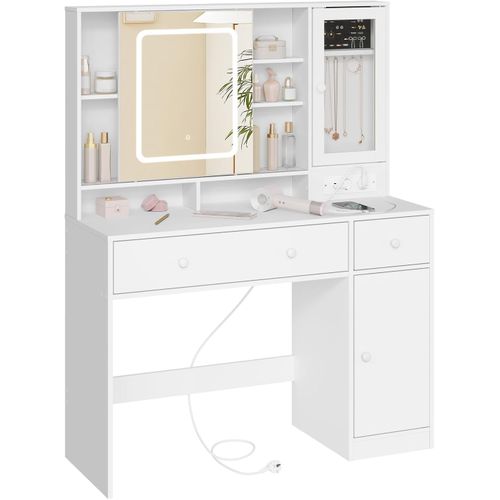 Coiffeuse Avec Miroir LED Réglable,Prise De Courant,Placard De Bijoux,Grands Tiroirs,108x40cm,Blanc