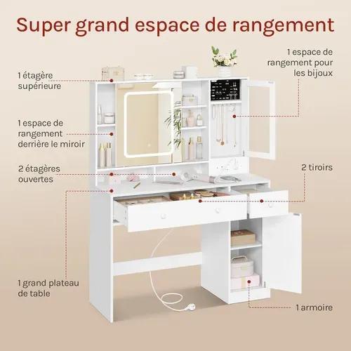 Coiffeuse Avec Miroir LED Réglable,Prise De Courant,Placard De Bijoux,Grands Tiroirs,108x40cm,Blanc