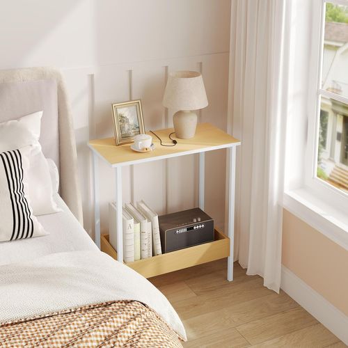 Table Basse Avec Rangement, Table D'appoint à 2 Étagères, En Métal Et Bois Artificiel, 50x55x25cm