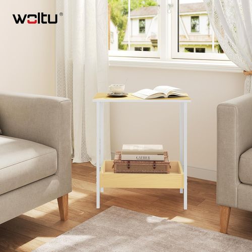 Table Basse Avec Rangement, Table D'appoint à 2 Étagères, En Métal Et Bois Artificiel, 50x55x25cm