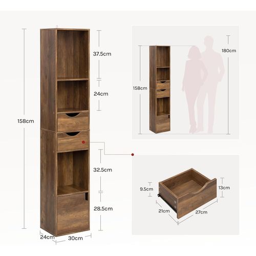 Bibliothèque Étagère Colonne,avec 5 Compartiments,2 Tiroirs et 1 Casier,Bois Artificiel,Chêne Brun