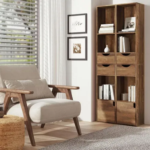 Bibliothèque Étagère Colonne,avec 5 Compartiments,2 Tiroirs et 1 Casier,Bois Artificiel,Chêne Brun