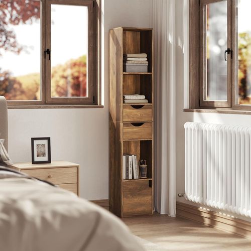 Bibliothèque Étagère Colonne,avec 5 Compartiments,2 Tiroirs et 1 Casier,Bois Artificiel,Chêne Brun