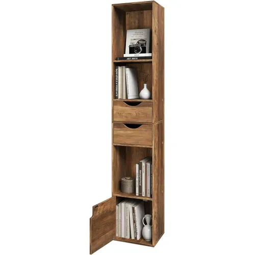 Bibliothèque Étagère Colonne,avec 5 Compartiments,2 Tiroirs et 1 Casier,Bois Artificiel,Chêne Brun