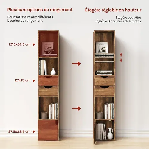 Bibliothèque Étagère Colonne,avec 5 Compartiments,2 Tiroirs et 1 Casier,Bois Artificiel,Chêne Brun