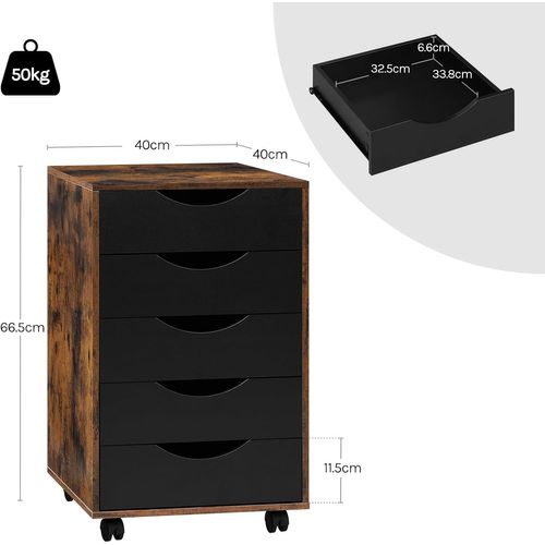 Caisson De Bureau Avec 5 Tiroirs, En Bois D'ingénierie Pb, Marron Rustique, 40x40x66,5cm