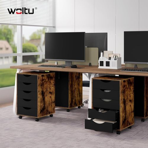 Caisson De Bureau Avec 5 Tiroirs, En Bois D'ingénierie Pb, Marron Rustique, 40x40x66,5cm