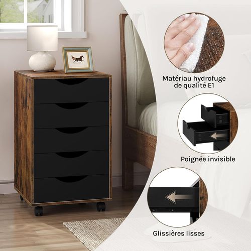 Caisson De Bureau Avec 5 Tiroirs, En Bois D'ingénierie Pb, Marron Rustique, 40x40x66,5cm