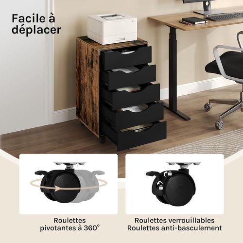 Caisson De Bureau Avec 5 Tiroirs, En Bois D'ingénierie Pb, Marron Rustique, 40x40x66,5cm