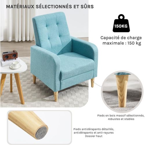 Fauteuil Salon,fauteuil Relax,en Lin, Avec Dossier Haut,siège Rembourré,pieds En Bois Massif,bleu