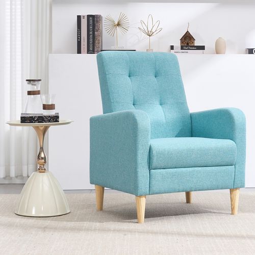 Fauteuil Salon,fauteuil Relax,en Lin, Avec Dossier Haut,siège Rembourré,pieds En Bois Massif,bleu