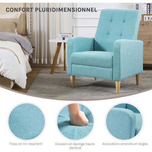 Fauteuil Salon,fauteuil Relax,en Lin, Avec Dossier Haut,siège Rembourré,pieds En Bois Massif,bleu