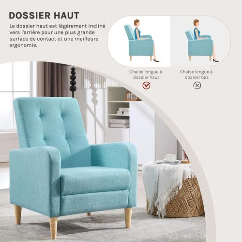 Fauteuil Salon,fauteuil Relax,en Lin, Avec Dossier Haut,siège Rembourré,pieds En Bois Massif,bleu