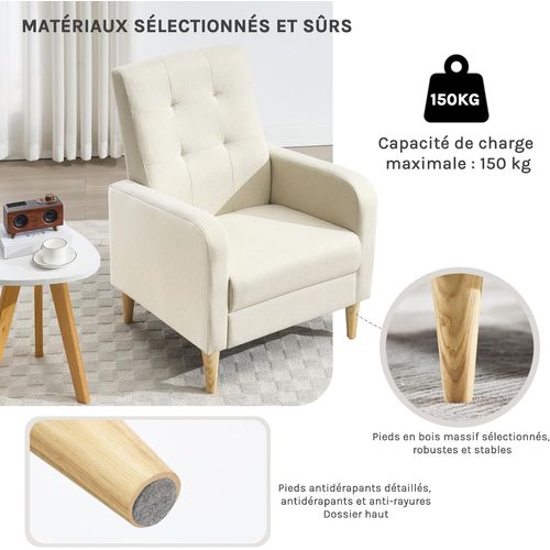 Fauteuil Salon,fauteuil Relax,en Lin, Avec Dossier Haut,siège Rembourré,pieds En Bois Massif,beige