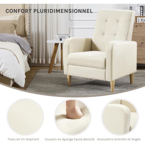 Fauteuil Salon,fauteuil Relax,en Lin, Avec Dossier Haut,siège Rembourré,pieds En Bois Massif,beige