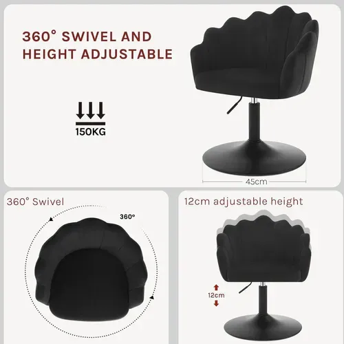 Chaise De Coiffeuse, Fauteuil Pivotant En Velours, Réglable En Hauteur, Dossier Pétale, Noir
