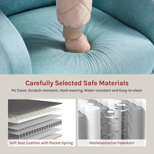 Fauteuil Relax Rembourrée, Canapé 1 Place, Dossier + Repose-pieds Réglables, Appui-tête, Lin, Bleu