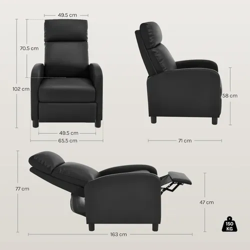 Fauteuil Relax Rembourrée, Canapé 1 Place, Dossier Et Repose-Pieds Réglables, Appui-tête, Pu, Noir