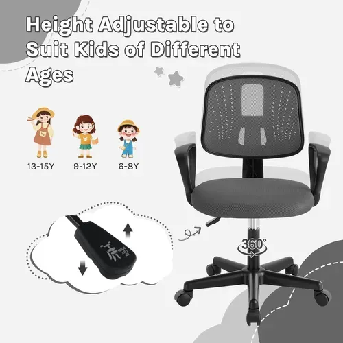 Chaise Bureau Enfant, Fauteuil Bureau Enfant, En Maille Respirante, Dossier Réglable, Gris