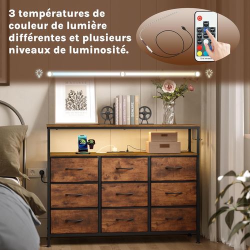 Commode 9 Tiroirs En Tissu, Avec Multiprise+led, 3 Crochets, Marron Rustique+noir