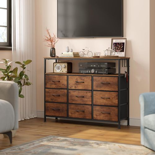 Commode 9 Tiroirs En Tissu, Avec Multiprise+led, 3 Crochets, Marron Rustique+noir