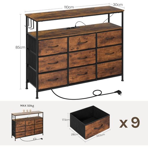 Commode 9 Tiroirs En Tissu, Avec Multiprise+led, 3 Crochets, Marron Rustique+noir