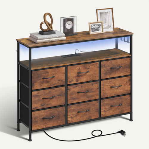 Commode 9 Tiroirs En Tissu, Avec Multiprise+led, 3 Crochets, Marron Rustique+noir