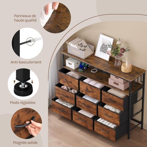 Commode 9 Tiroirs En Tissu, Avec Multiprise+led, 3 Crochets, Marron Rustique+noir
