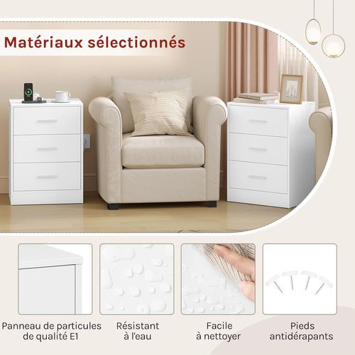2 X Table Chevet Avec 2 Prises Intégrée,Avec Station Charge,1 Port USB,1 Port Type-C,39x28,5x54,5cm
