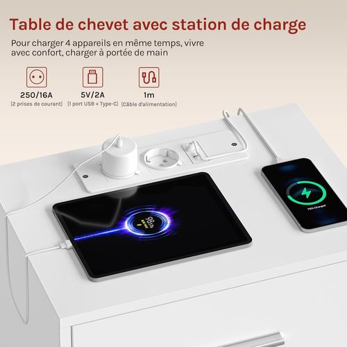 2 X Table Chevet Avec 2 Prises Intégrée,Avec Station Charge,1 Port USB,1 Port Type-C,39x28,5x54,5cm
