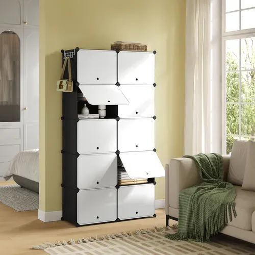 Meuble Chaussure, Rangement Chaussure Avec 10 Compartiments, Empilable, En Plastique, Blanc+Noir