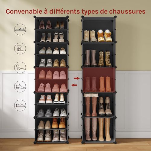 Meuble Chaussure, Rangement Chaussure Avec 10 Compartiments, Empilable, En Plastique, Blanc+Noir