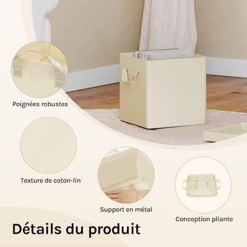 3 X Cubes De Rangement Pliable 27x27x27cm, Boîtes Rangement Tissu Avec Couvercle,avec Poignée,crème