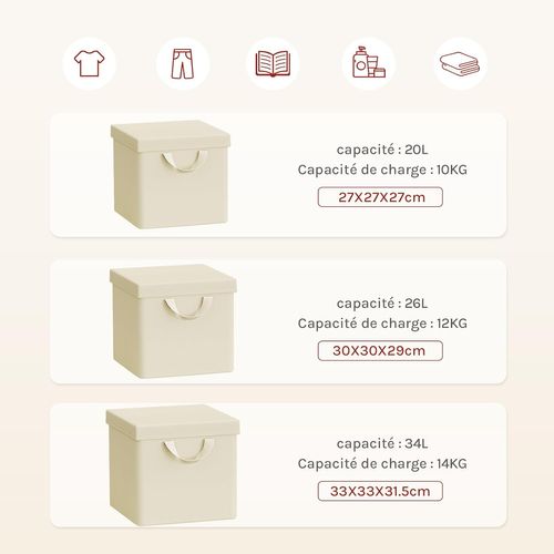 3 X Cubes De Rangement Pliable 27x27x27cm, Boîtes Rangement Tissu Avec Couvercle,avec Poignée,crème