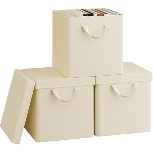3 X Cubes De Rangement Pliable 27x27x27cm, Boîtes Rangement Tissu Avec Couvercle,avec Poignée,crème