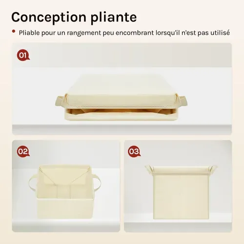 3 X Cubes De Rangement Pliable 27x27x27cm, Boîtes Rangement Tissu Avec Couvercle,avec Poignée,crème