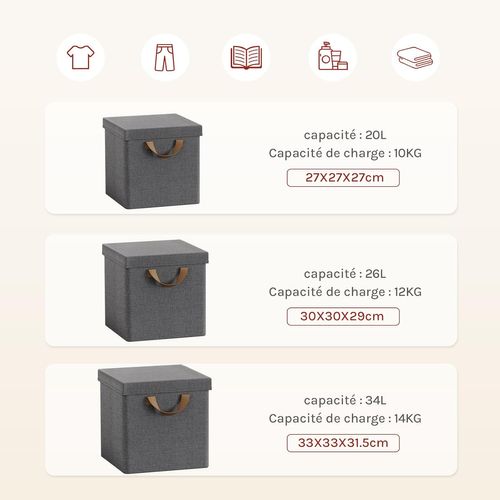 3 X Cubes De Rangement Pliable 33x33x31,5cm,boîtes Rangement Tissu Avec Couvercle,avec Poignée,gris