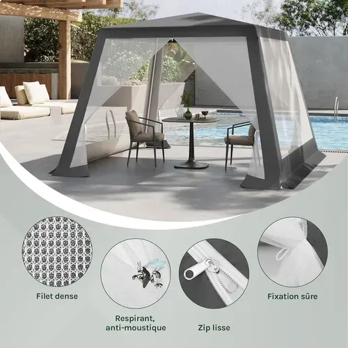 Tonnelle De Jardin, Pergola Avec Parois Latérales En Maille, Moustiquaire, 3x3m, Aspect Unique,gris